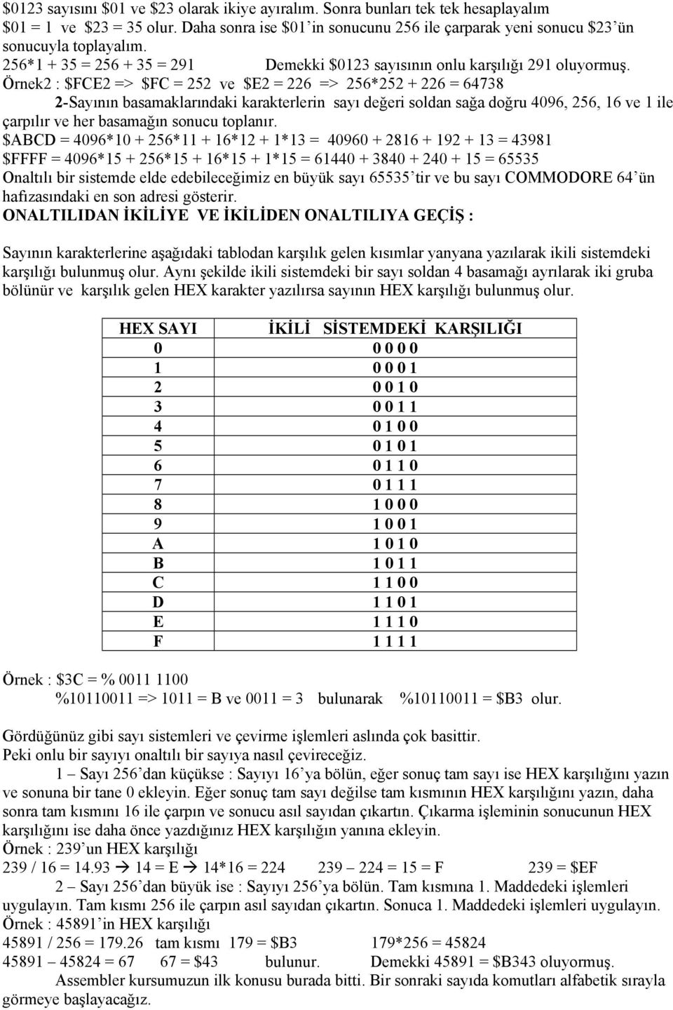 Örnek2 : $FCE2 => $FC = 252 ve $E2 = 226 => 256*252 + 226 = 64738 2-Sayının basamaklarındaki karakterlerin sayı değeri soldan sağa doğru 4096, 256, 16 ve 1 ile çarpılır ve her basamağın sonucu