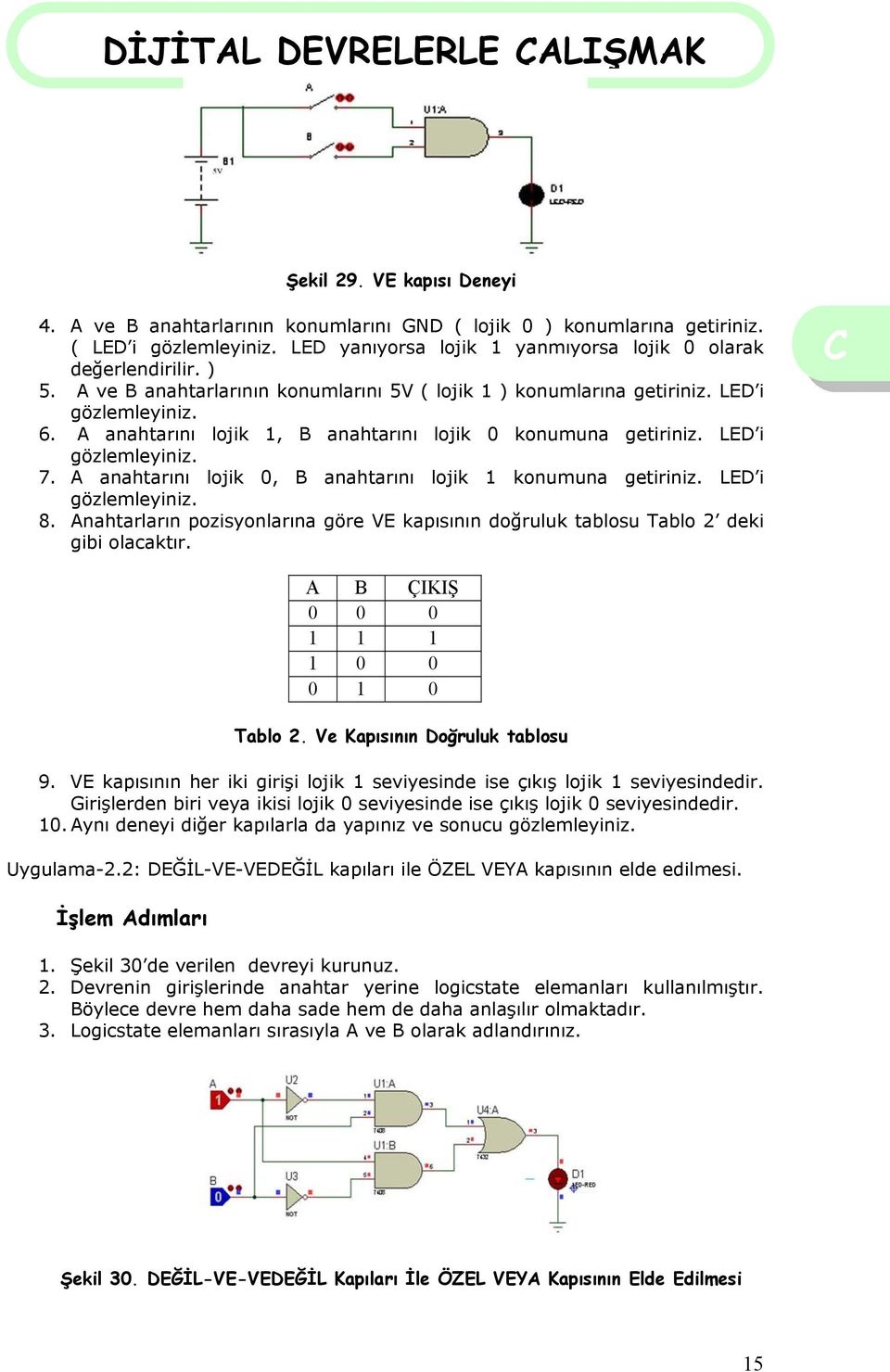 A anahtarını lojik 0, B anahtarını lojik 1 konumuna getiriniz. LED i gözlemleyiniz. 8. Anahtarların pozisyonlarına göre VE kapısının doğruluk tablosu Tablo 2 deki gibi olacaktır.