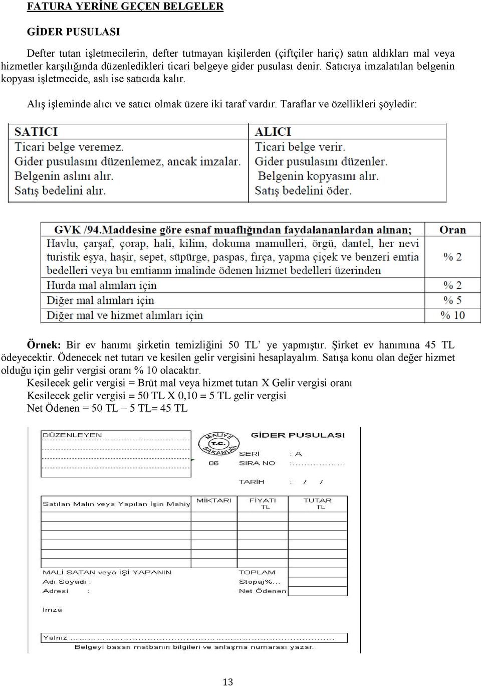 Taraflar ve özellikleri şöyledir: Örnek: Bir ev hanımı şirketin temizliğini 50 TL ye yapmıştır. Şirket ev hanımına 45 TL ödeyecektir. Ödenecek net tutarı ve kesilen gelir vergisini hesaplayalım.