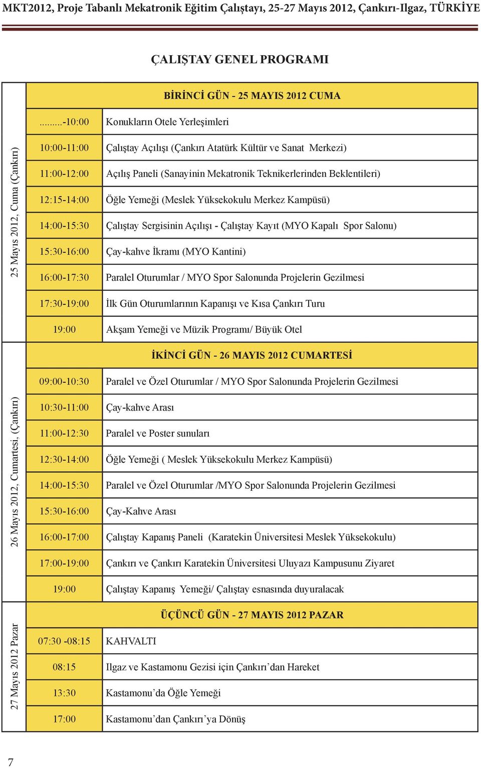 (Sanayinin Mekatronik Teknikerlerinden Beklentileri) 12:15-14:00 Öğle Yemeği (Meslek Yüksekokulu Merkez Kampüsü) 14:00-15:30 Çalıştay Sergisinin Açılışı - Çalıştay Kayıt (MYO Kapalı Spor Salonu)