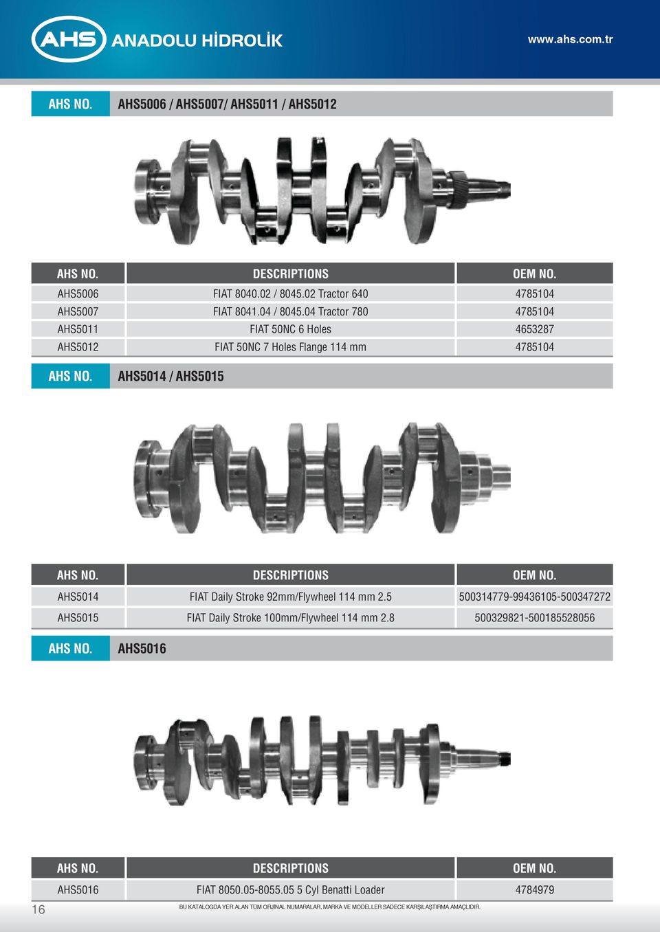 AHS5014 FIAT Daily Stroke 92mm/Flywheel 114 mm 2.5 500314779-99436105-500347272 AHS5015 FIAT Daily Stroke 100mm/Flywheel 114 mm 2.