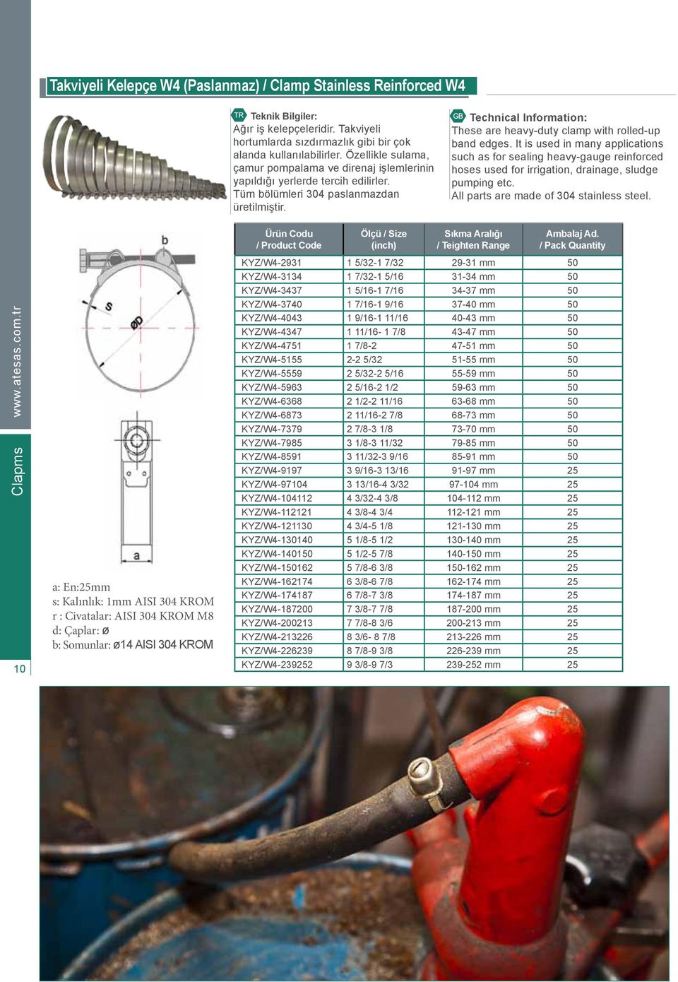 It is used in many applications such as for sealing heavy-gauge reinforced hoses used for irrigation, drainage, sludge pumping etc. All parts are made of 304 stainless steel. Clapms www.atesas.com.