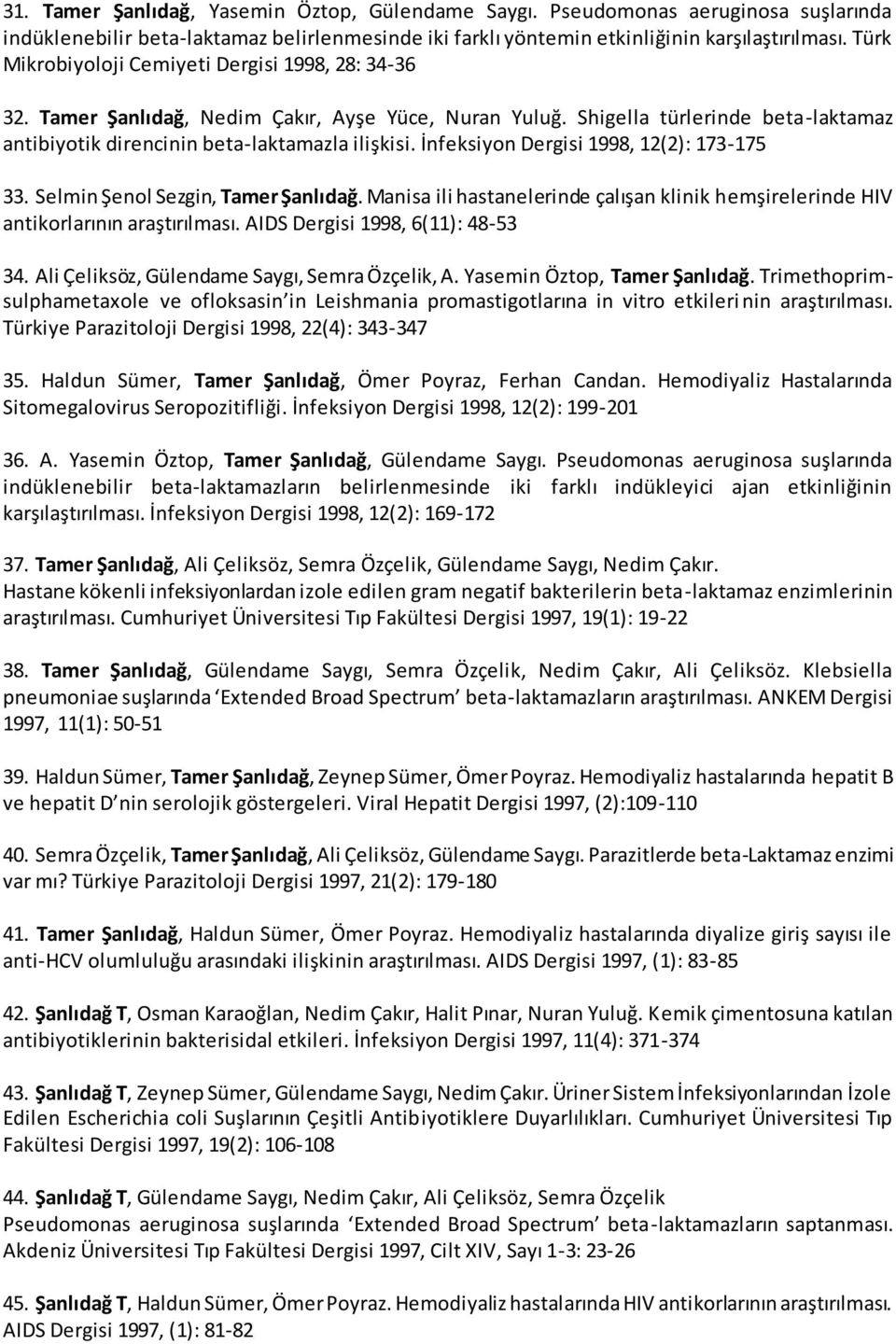 İnfeksiyon Dergisi 1998, 12(2): 173-175 33. Selmin Şenol Sezgin, Tamer Şanlıdağ. Manisa ili hastanelerinde çalışan klinik hemşirelerinde HIV antikorlarının araştırılması.