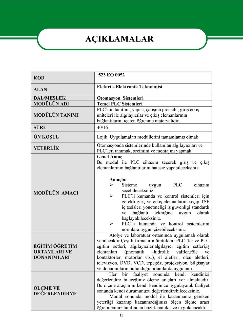 SÜRE 40/16 ÖN KOŞUL YETERLİK MODÜLÜN AMACI EĞİTİM ÖĞRETİM ORTAMLARI VE DONANIMLARI ÖLÇME VE DEĞERLENDİRME Lojik Uygulamaları modüllerini tamamlamış olmak Otomasyonda sistemlerinde kullanılan