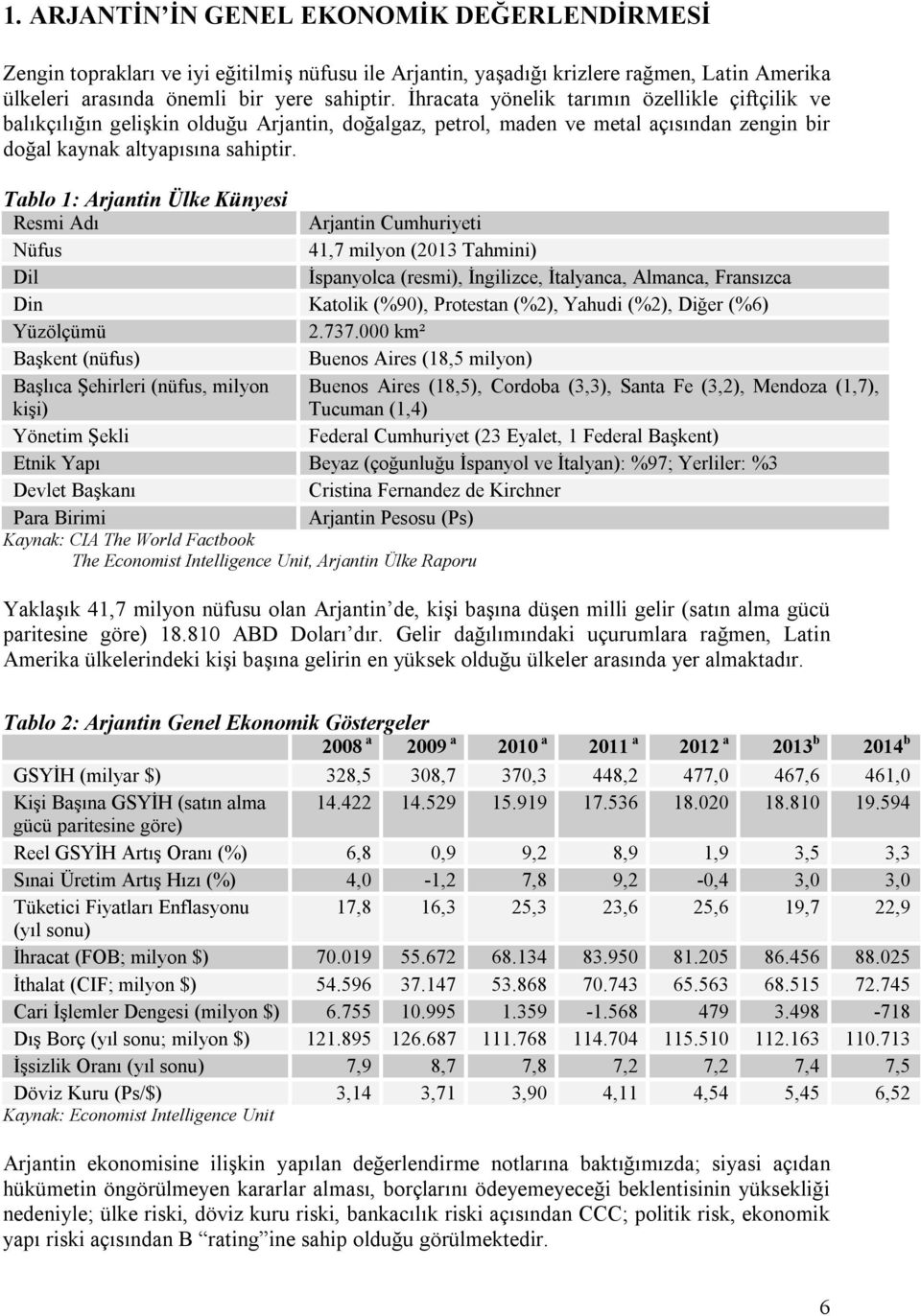 Tablo 1: Arjantin Ülke Künyesi Resmi Adı Arjantin Cumhuriyeti Nüfus 41,7 milyon (2013 Tahmini) Dil İspanyolca (resmi), İngilizce, İtalyanca, Almanca, Fransızca Din Katolik (%90), Protestan (%2),