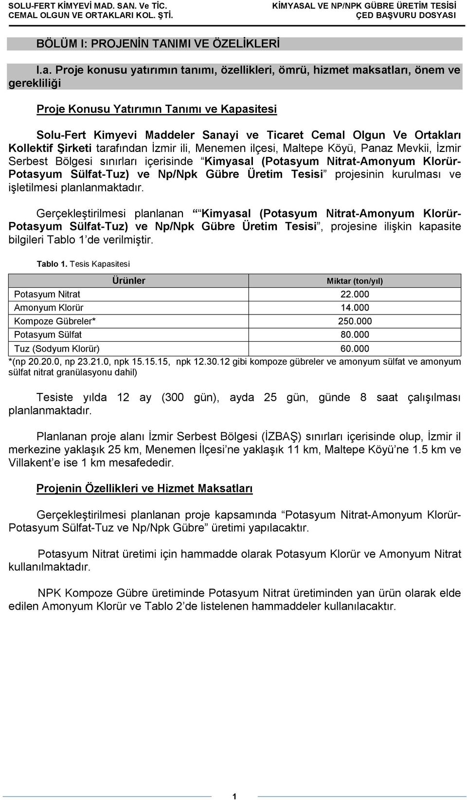 Ortakları Kollektif Şirketi tarafından İzmir ili, Menemen ilçesi, Maltepe Köyü, Panaz Mevkii, İzmir Serbest Bölgesi sınırları içerisinde Kimyasal (Potasyum Nitrat-Amonyum Klorür- Potasyum Sülfat-Tuz)