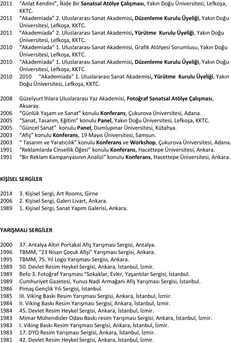 Uluslararası Sanat Akademisi, Grafik Atölyesi Sorumlusu, Yakın Doğu 2010 Akademiada 1. Uluslararası Sanat Akademisi, Düzenleme Kurulu Üyeliği, Yakın Doğu 2010 2010 Akademiada 1.