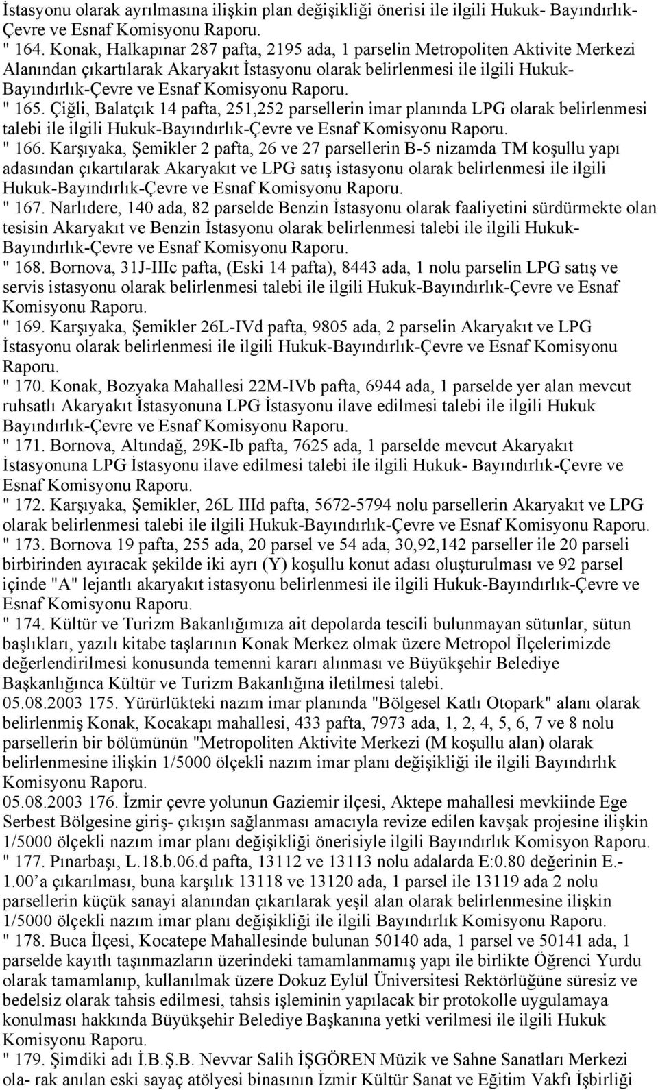 165. Çiğli, Balatçık 14 pafta, 251,252 parsellerin imar planında LPG olarak belirlenmesi talebi ile ilgili Hukuk-Bayındırlık-Çevre ve Esnaf Komisyonu " 166.