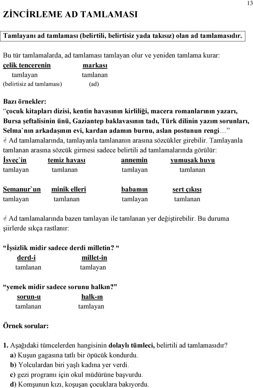 havasının kirliliği, macera romanlarının yazarı, Bursa Ģeftalisinin ünü, Gaziantep baklavasının tadı, Türk dilinin yazım sorunları, Selma`nın arkadaģının evi, kardan adamın burnu, aslan postunun