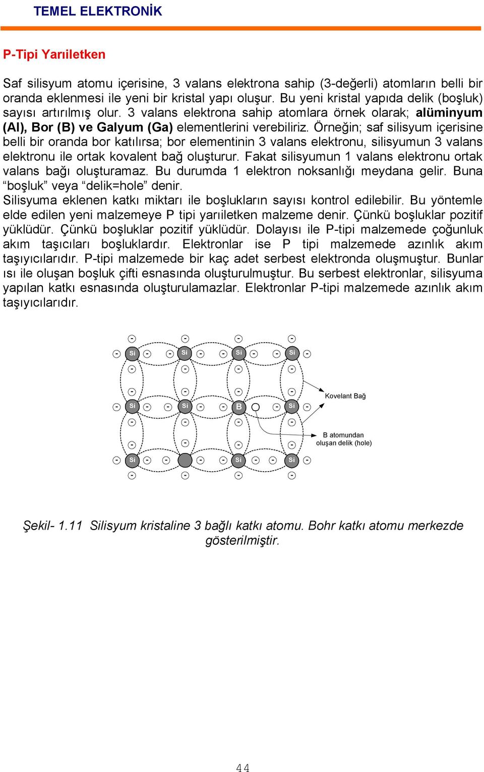 Örneğin; saf silisyum içerisine belli bir oranda bor katılırsa; bor elementinin 3 valans elektronu, silisyumun 3 valans elektronu ile ortak kovalent bağ oluşturur.