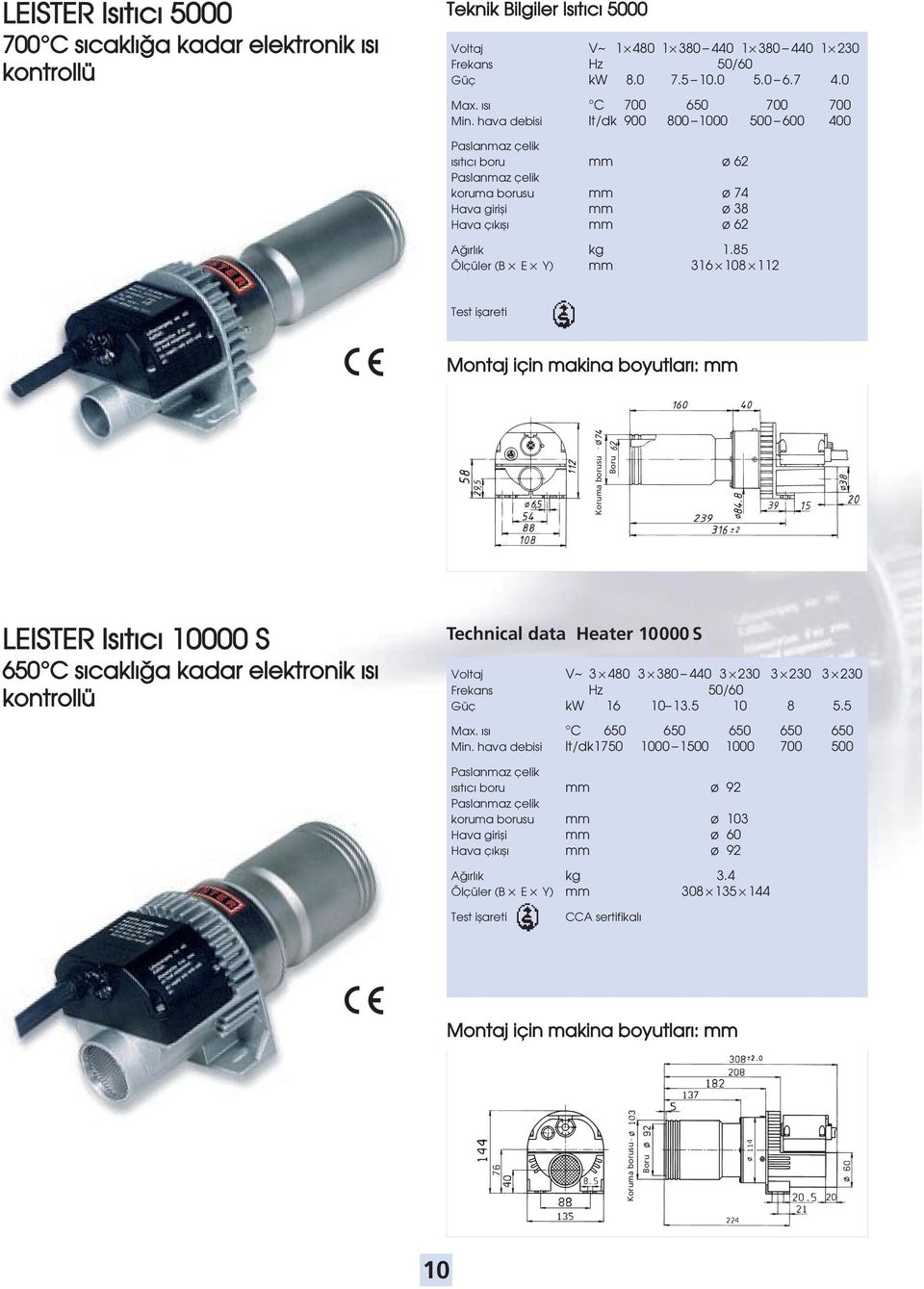 85 Ölªüler (B E Y) mm 316 108 112 Test iæareti LEISTER Isıtıcı 10000 S 650 C sıcaklı@a kadar elektronik ısı kontrollü Technical data Heater 10000 S Voltaj V~ 3 480 3 0 440 3 230 3 230 3 230 Frekans