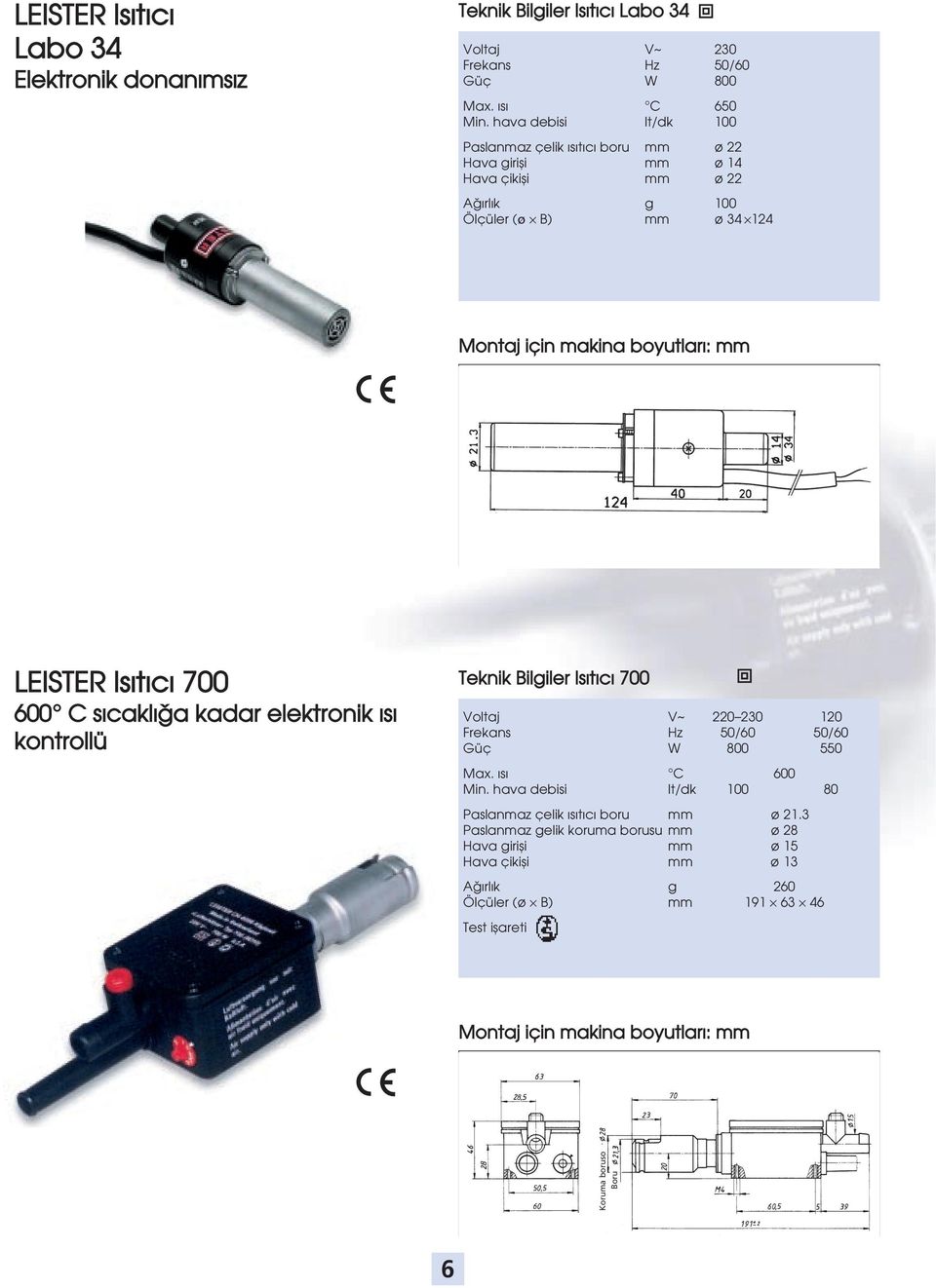 sıcaklı@a kadar elektronik ısı kontrollü Teknik Bilgiler Isıtıcı 700 Voltaj V~ 220 230 120 Frekans Hz 50/60 50/60 Güª W 800 550 Max. ısı C 600 Min.