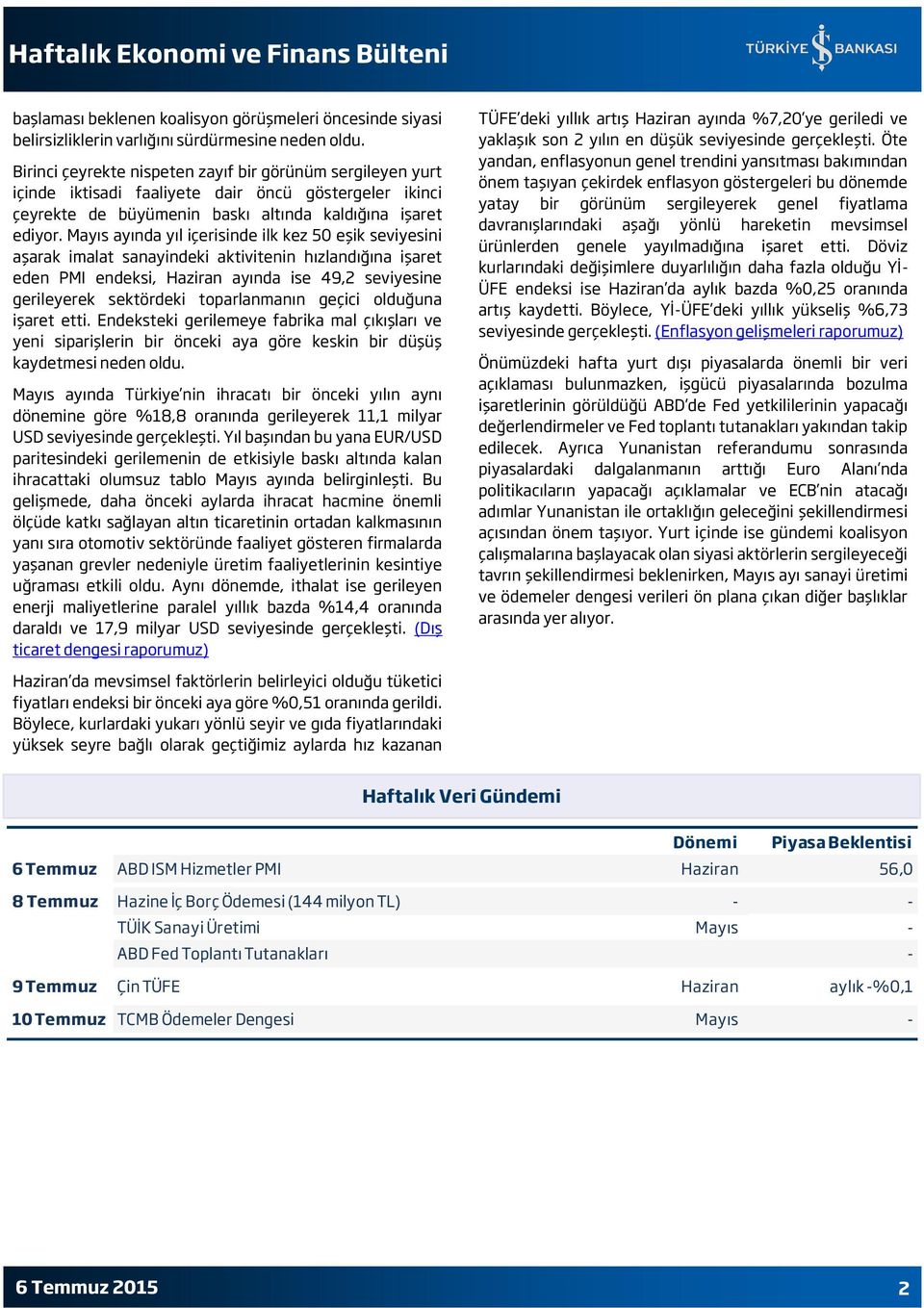 Mayıs ayında yıl içerisinde ilk kez 50 eşik seviyesini aşarak imalat sanayindeki aktivitenin hızlandığına işaret eden PMI endeksi, Haziran ayında ise 49,2 seviyesine gerileyerek sektördeki