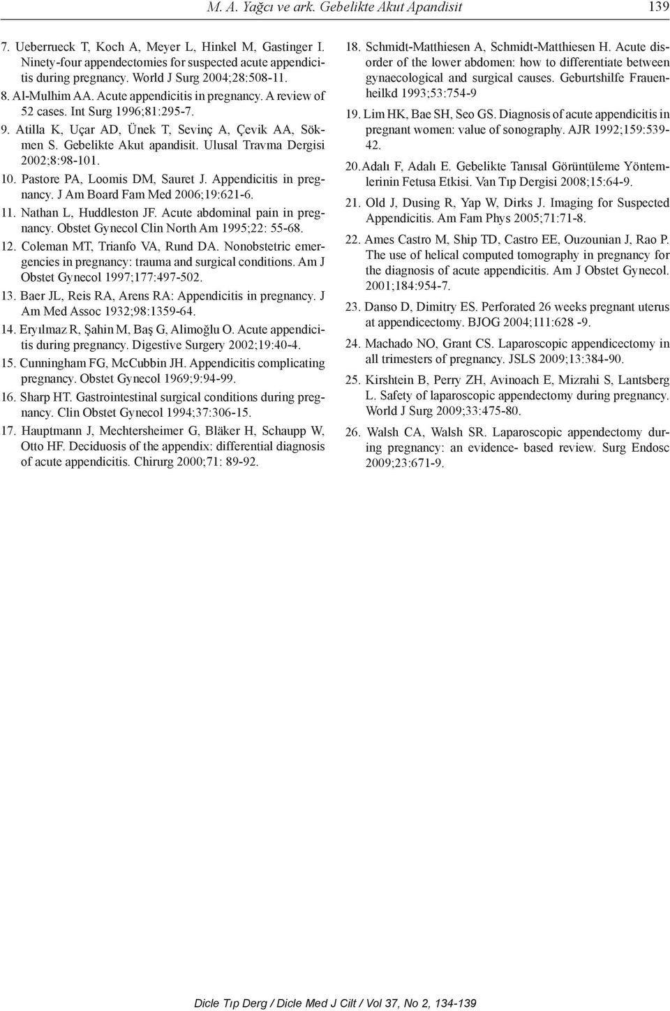 Gebelikte Akut apandisit. Ulusal Travma Dergisi 2002;8:98-101. 10. Pastore PA, Loomis DM, Sauret J. Appendicitis in pregnancy. J Am Board Fam Med 2006;19:621-6. 11. Nathan L, Huddleston JF.