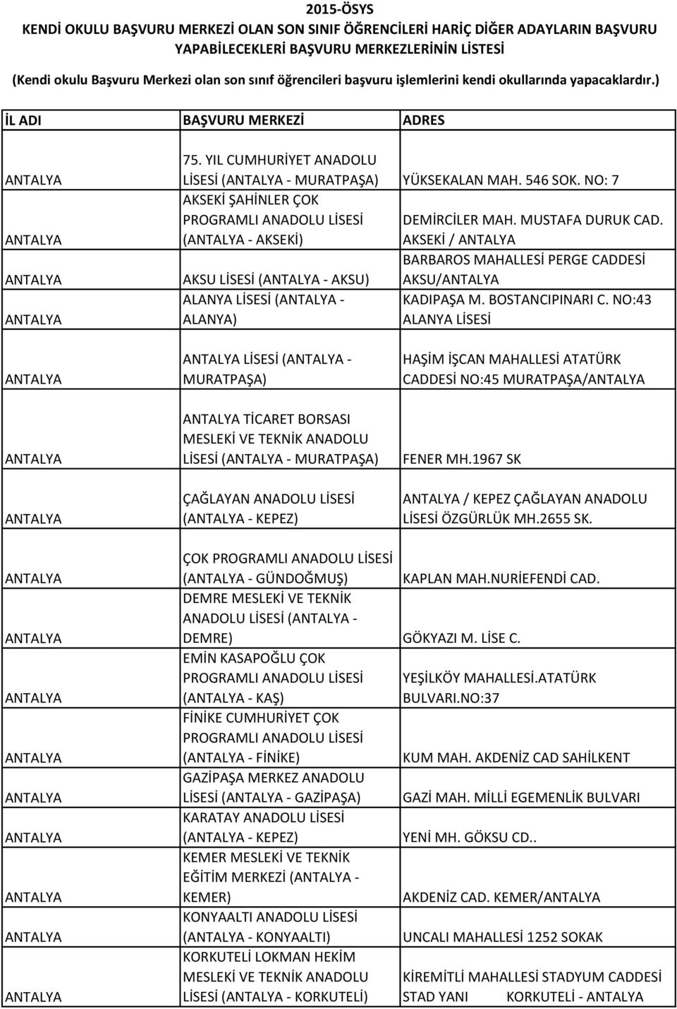 NO:43 ALANYA) ALANYA LİSESİ ANTALYA ANTALYA ANTALYA ANTALYA LİSESİ (ANTALYA - MURATPAŞA) ANTALYA TİCARET BORSASI MESLEKİ VE TEKNİK ANADOLU LİSESİ (ANTALYA - MURATPAŞA) ÇAĞLAYAN ANADOLU LİSESİ