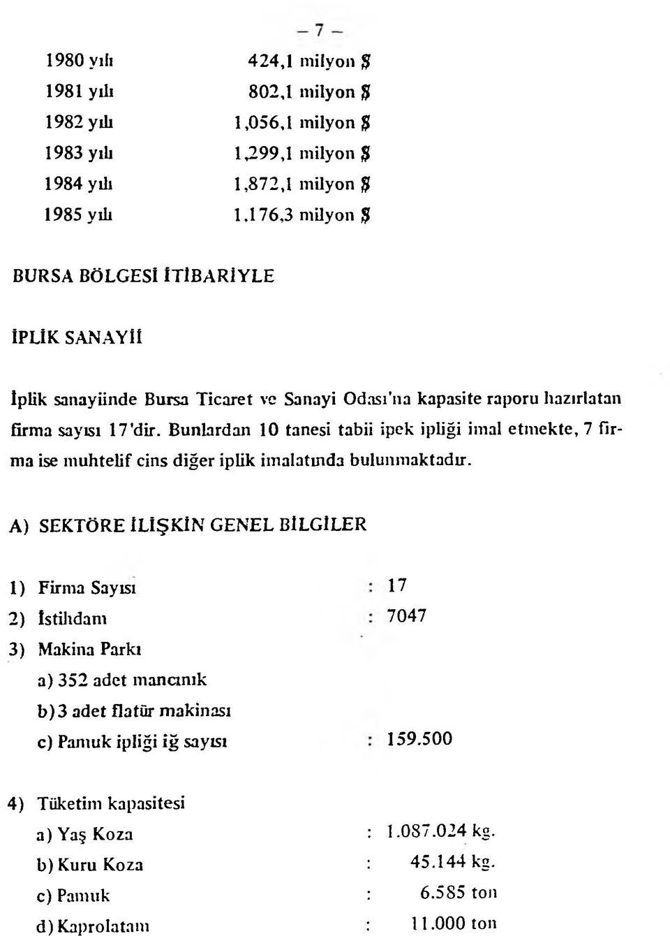 Bunlardan 10 tanesi tabii ipek ipliği imal etm ekte, 7 firma ise m uhtelif cins diğer iplik imalatuıda bulunm aktadır.