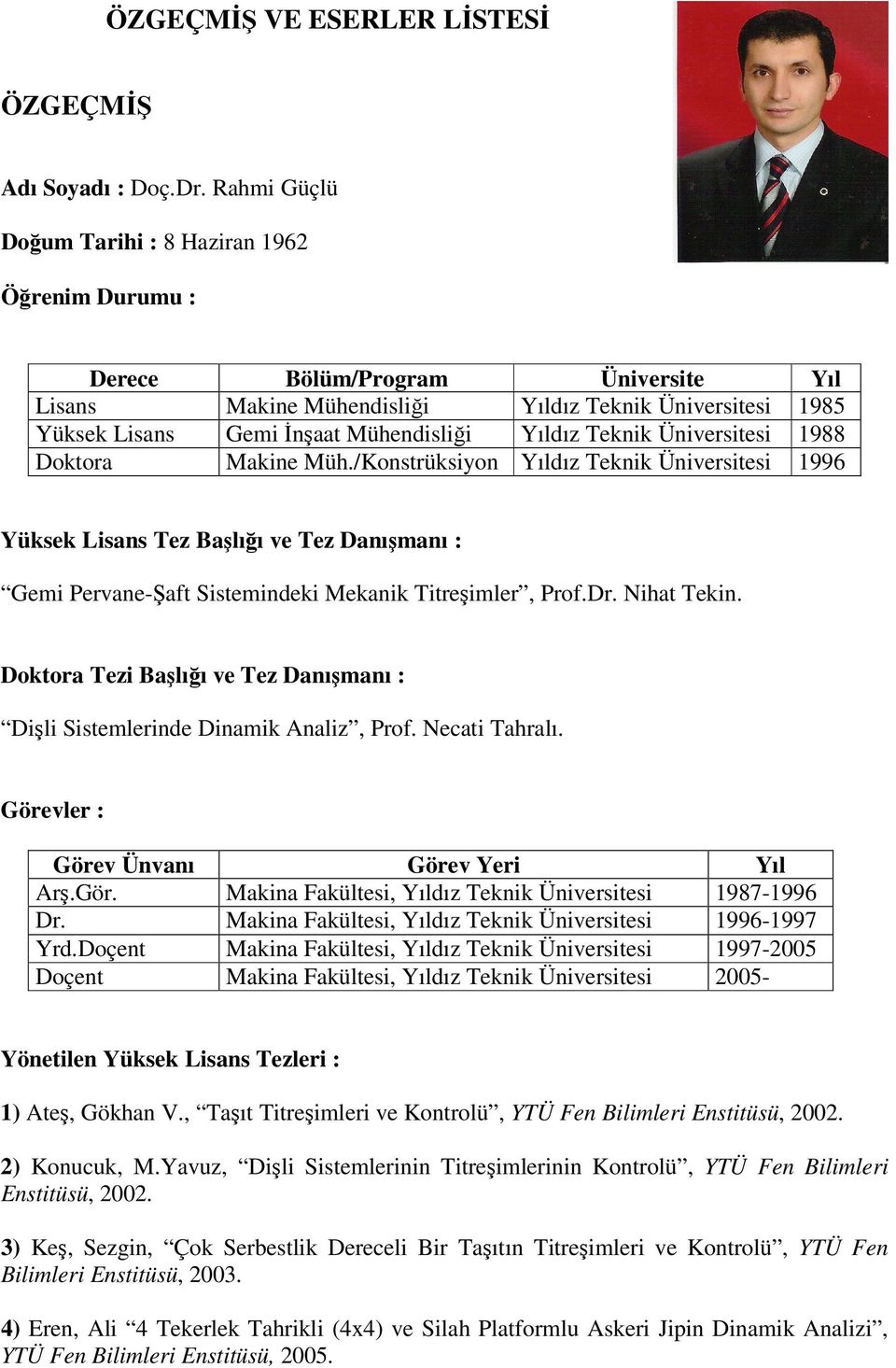 Teknik Üniversitesi 1988 Doktora Makine Müh./Konstrüksiyon Yıldız Teknik Üniversitesi 1996 Yüksek Lisans Tez Başlığı ve Tez Danışmanı : Gemi Pervane-Şaft Sistemindeki Mekanik Titreşimler, Prof.Dr.