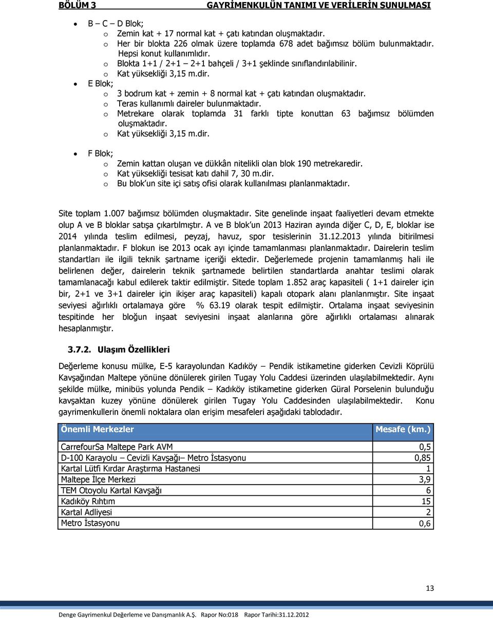 o Kat yüksekliği 3,15 m.dir. E Blok; o 3 bodrum kat + zemin + 8 normal kat + çatı katından oluşmaktadır. o Teras kullanımlı daireler bulunmaktadır.