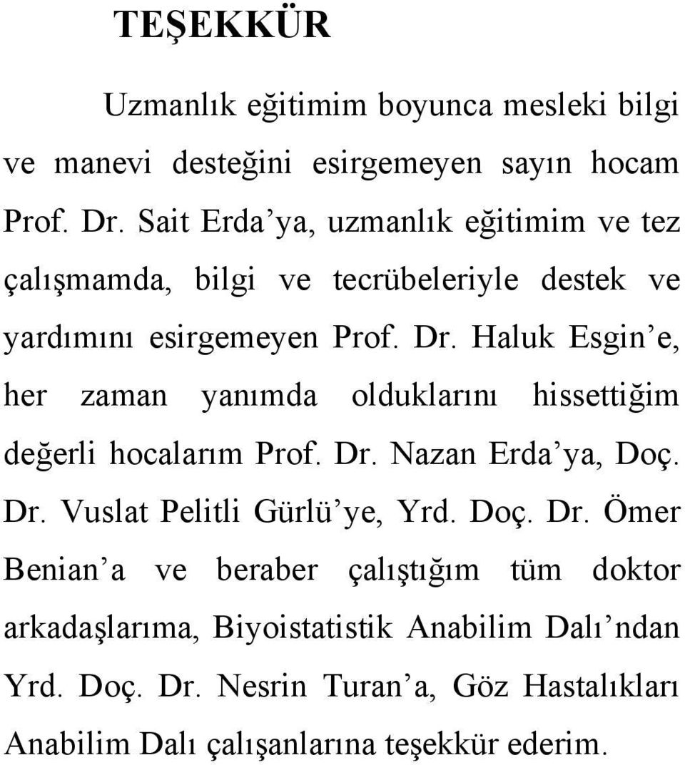 Haluk Esgin e, her zaman yanımda olduklarını hissettiğim değerli hocalarım Prof. Dr. Nazan Erda ya, Doç. Dr. Vuslat Pelitli Gürlü ye, Yrd.