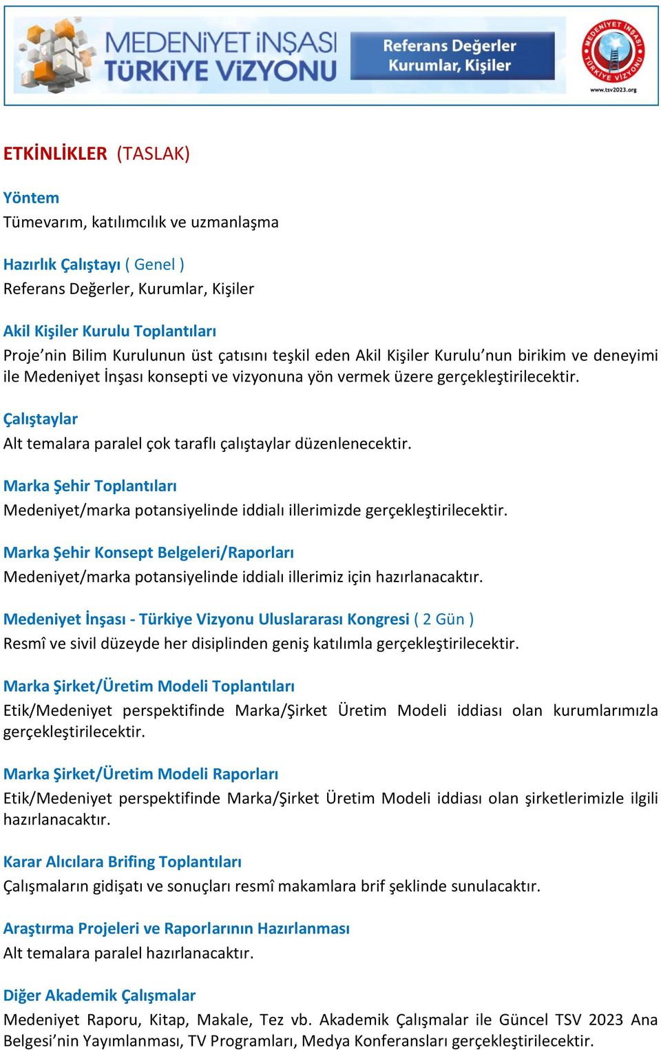 Çalıştaylar Alt temalara paralel çok taraflı çalıştaylar düzenlenecektir. Marka Şehir Toplantıları Medeniyet/marka potansiyelinde iddialı illerimizde gerçekleştirilecektir.