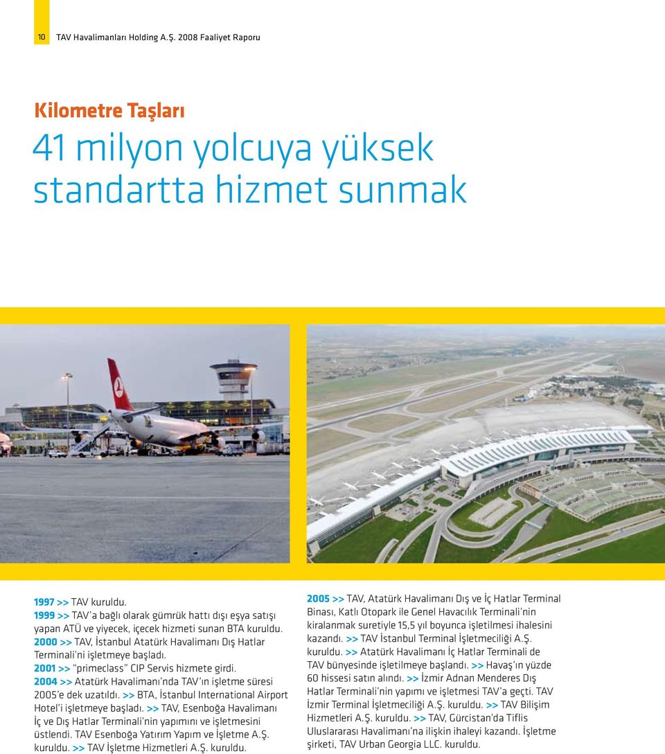 2001 >> primeclass CIP Servis hizmete girdi. 2004 >> Atatürk Havalimanı nda TAV ın işletme süresi 2005 e dek uzatıldı. >> BTA, İstanbul International Airport Hotel i işletmeye başladı.