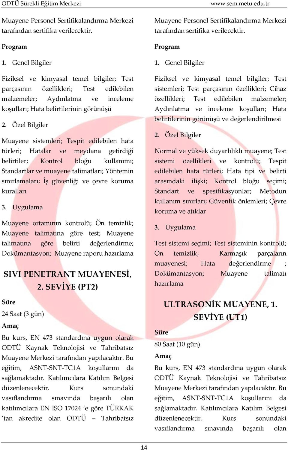 Özel Bilgiler Muayene sistemleri; Tespit edilebilen hata türleri; Hatalar ve meydana getirdiği belirtiler; Kontrol bloğu kullanımı; Standartlar ve muayene talimatları; Yöntemin sınırlamaları; İş