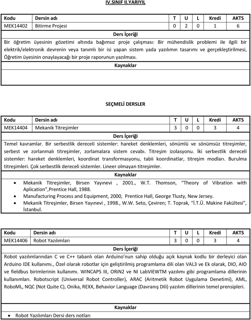yapan sistem yada yazılımın tasarımı ve gerçekleştirilmesi, Öğretim üyesinin onaylayacağı bir proje raporunun yazılması. SEÇMELİ DERSLER MEK14404 Mekanik Titreşimler 3 0 0 3 4 Temel kavramlar.