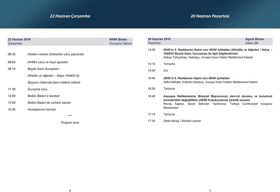 12:00 Baden Baden e hareket 13:00 Baden Baden de serbest zaman 15:30 Havaalanına hareket *** Program sonu 20 Haziran 2016 Agora Binası Pazartesi 14:30 AİHS in 5.