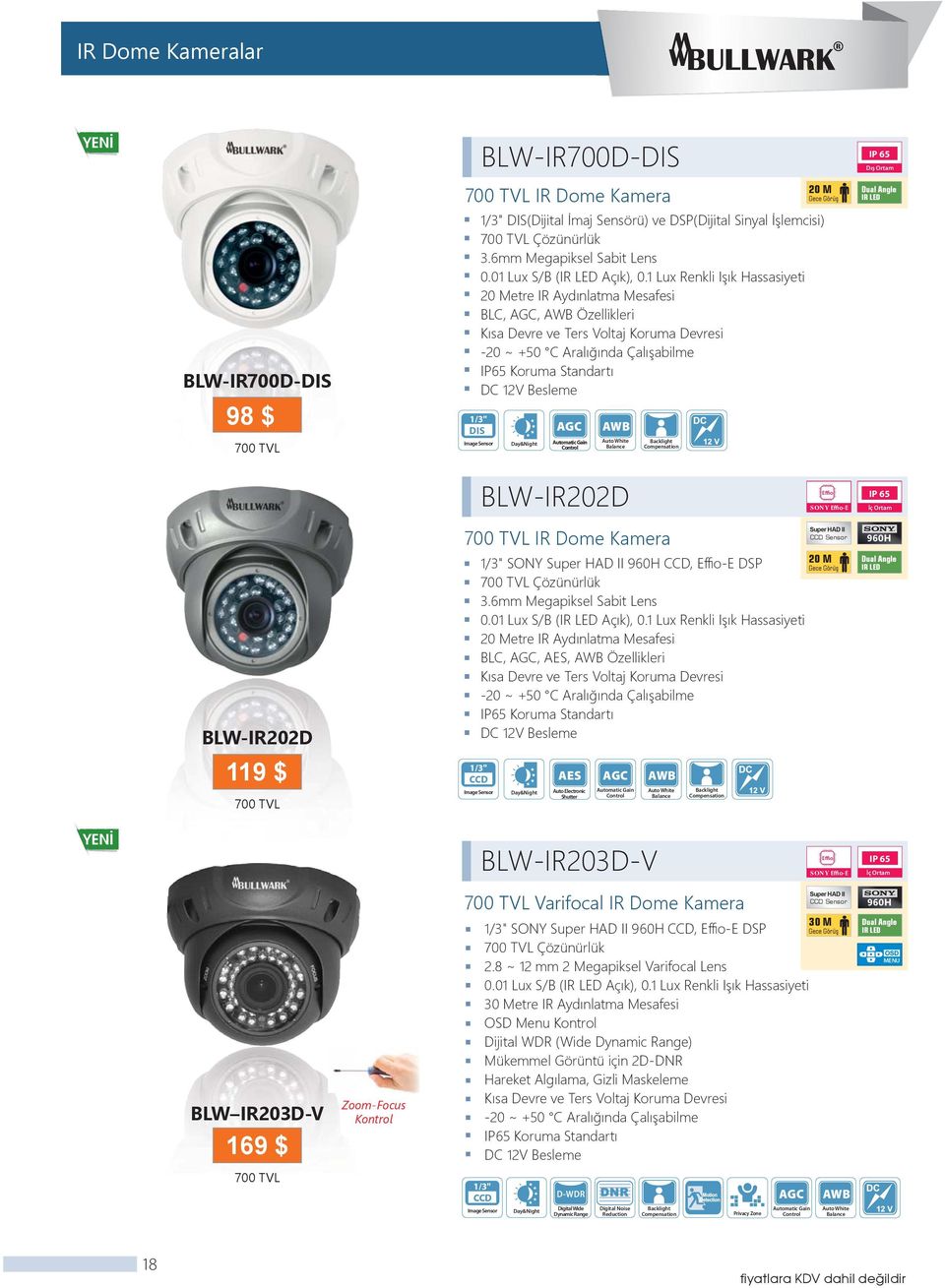 1 Lux Renkli Işık Hassasiyeti 20 Metre IR Aydınlatma Mesafesi BLC, AGC, AWB Özellikleri Kısa Devre ve Ters Voltaj Koruma Devresi -20 ~ +50 C Aralığında Çalışabilme IP65 Koruma Standartı DC 12V