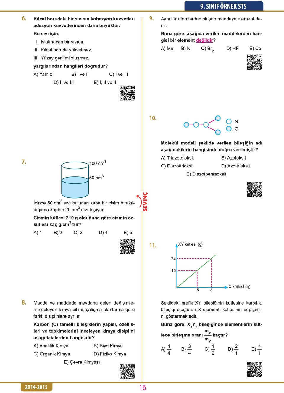 Buna göre, aşağıda verilen maddelerden hangisi bir element değildir? A) Mn B) N C) Br 2 D) HF E) Co 10. : N : O 7.