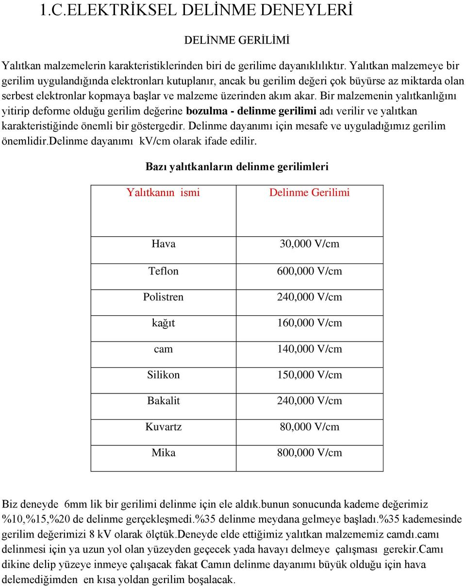 Bir malzemenin yalıtkanlığını yitirip deforme olduğu gerilim değerine bozulma - delinme gerilimi adı verilir ve yalıtkan karakteristiğinde önemli bir göstergedir.