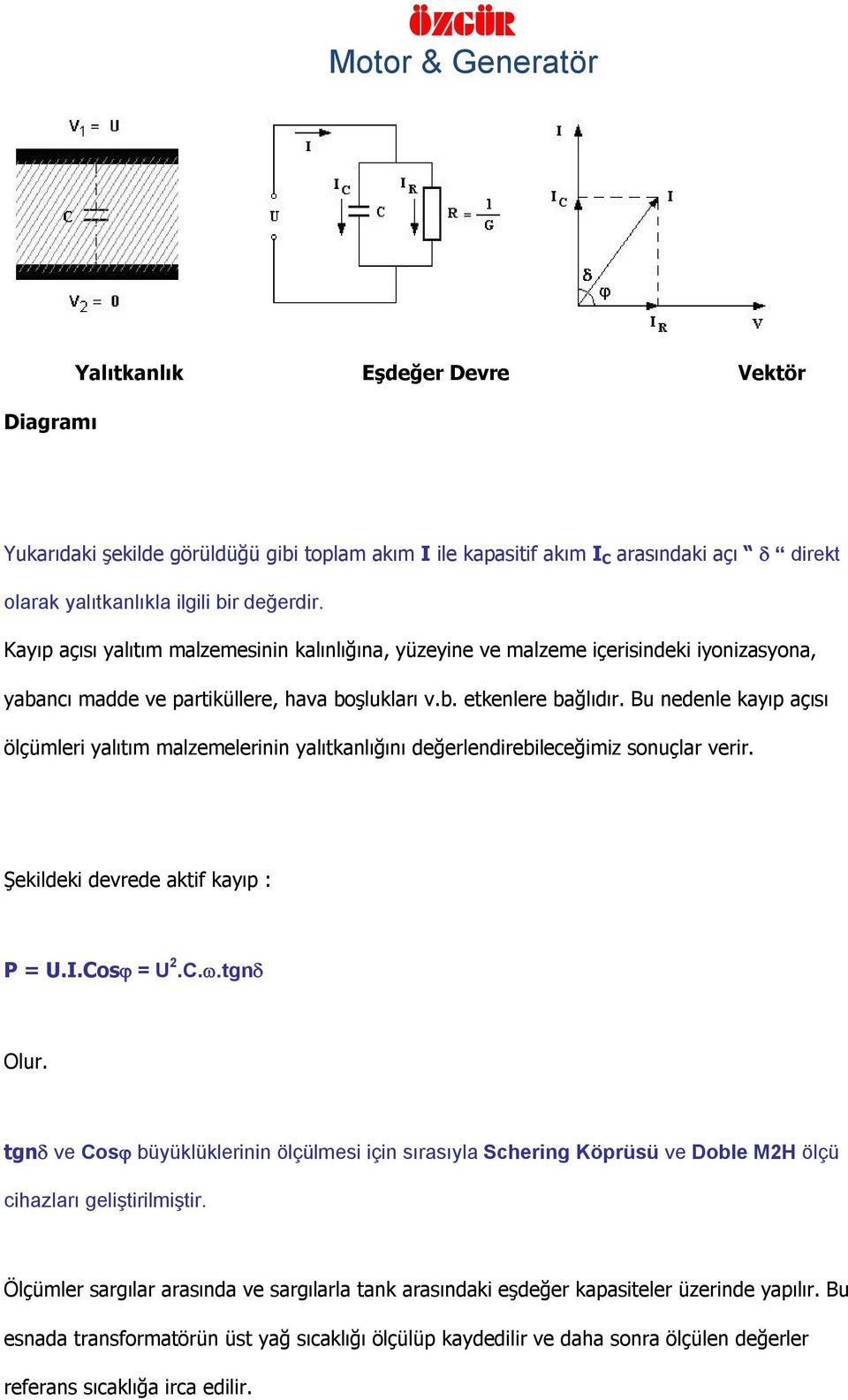 Bu nedenle kayıp açısı ölçümleri yalıtım malzemelerinin yalıtkanlığını değerlendirebileceğimiz sonuçlar verir. Şekildeki devrede aktif kayıp : P = U.I.Cos = U 2.C. tgn Olur.