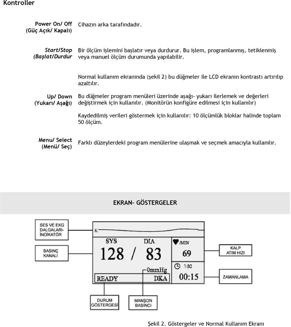 Up/ Down (Yukarı/ Aşağı) Bu düğmeler program menüleri üzerinde aşağı- yukarı ilerlemek ve değerleri değiştirmek için kullanılır.