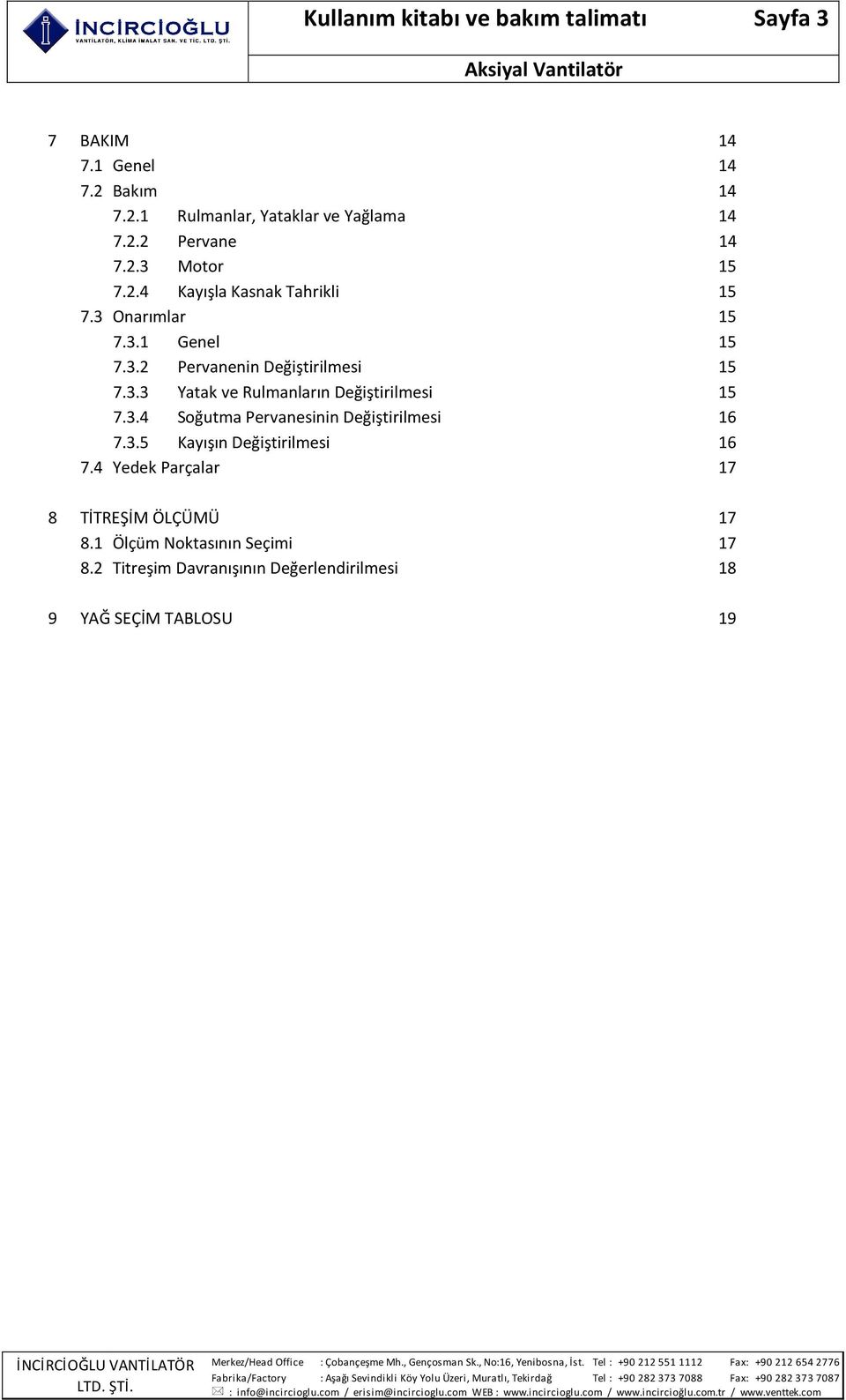 3.4 Soğutma Pervanesinin Değiştirilmesi 16 7.3.5 Kayışın Değiştirilmesi 16 7.4 Yedek Parçalar 17 8 TİTREŞİM ÖLÇÜMÜ 17 8.