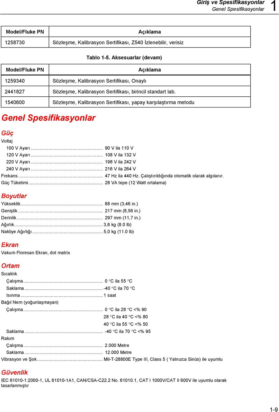 1540600 Sözleşme, Kalibrasyon Sertifikası, yapay karşılaştırma metodu Genel Spesifikasyonlar Güç Voltaj 100 V Ayarı... 90 V ila 110 V 120 V Ayarı... 108 V ila 132 V 220 V Ayarı.