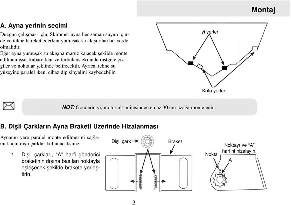 Ayr ca, tekne su yüzeyine paralel iken, cihaz dip sinyalini kaybedebilir. yi yerler Kötü yerler NOT: Göndericiyi, motor alt ünitesinden en az 30 cm uza a monte edin. B.