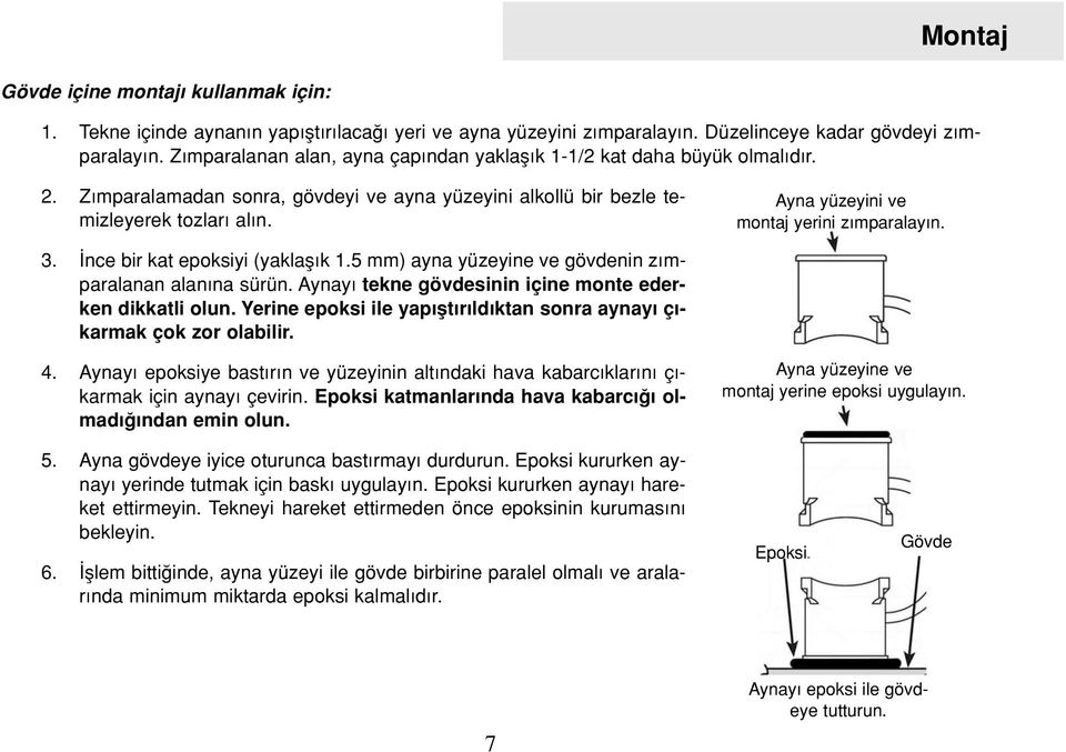 Ayna yüzeyini ve montaj yerini z mparalay n. 3. nce bir kat epoksiyi (yaklafl k 1.5 mm) ayna yüzeyine ve gövdenin z mparalanan alan na sürün. Aynayı tekne gövdesinin içine monte ederken dikkatli olun.