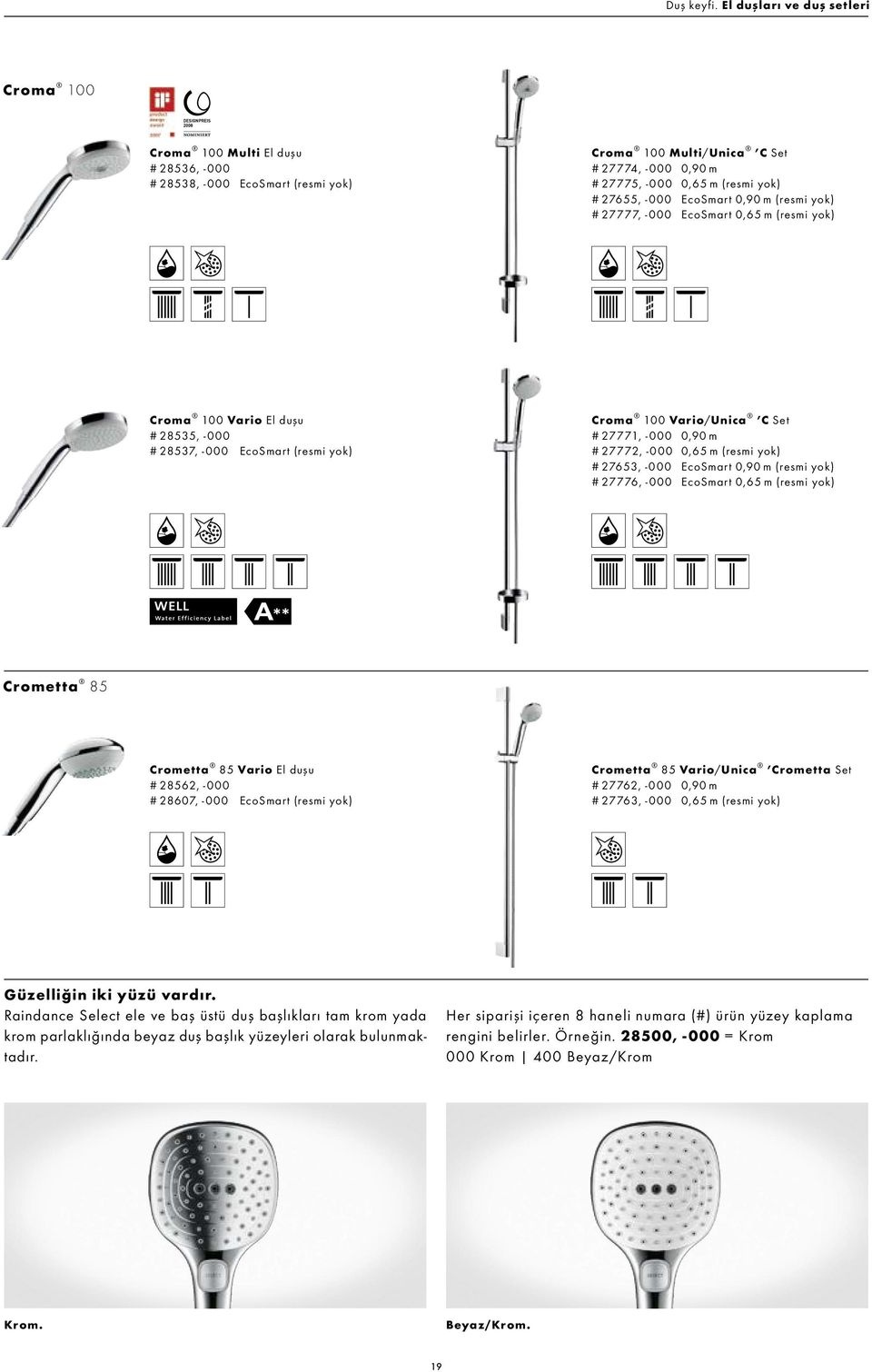 27655, -000 EcoSmart 0,90 m (resmi yok) # 27777, -000 EcoSmart 0,65 m (resmi yok) Croma 100 Vario El duşu # 28535, -000 # 28537, -000 EcoSmart (resmi yok) Croma 100 Vario/Unica C S e t # 27771, -000
