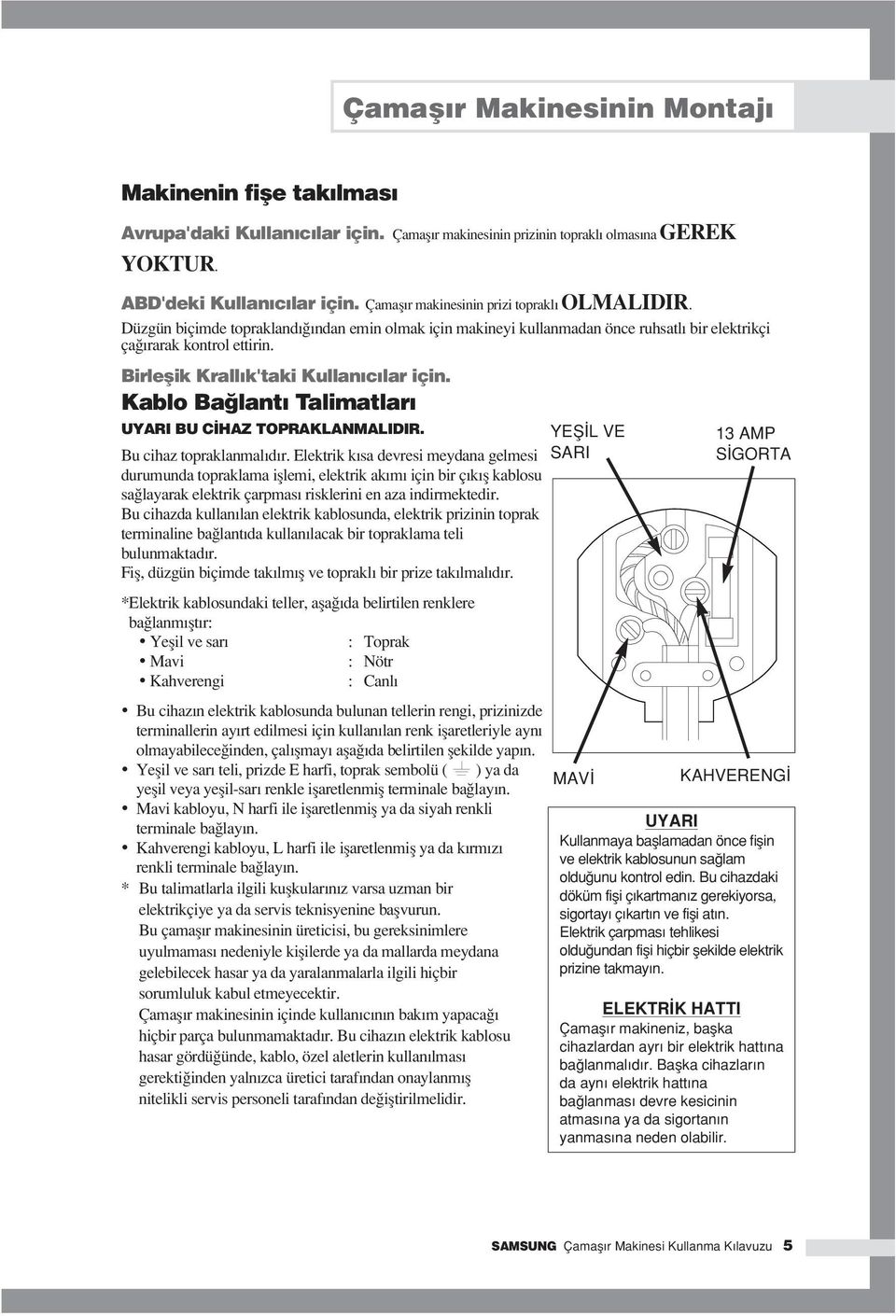 Birleflik Krallık'taki Kullanıcılar için. Kablo Ba lantı Talimatları UYARI BU C HAZ TOPRAKLANMALIDIR. YEfi L VE Bu cihaz topraklanmalıdır.