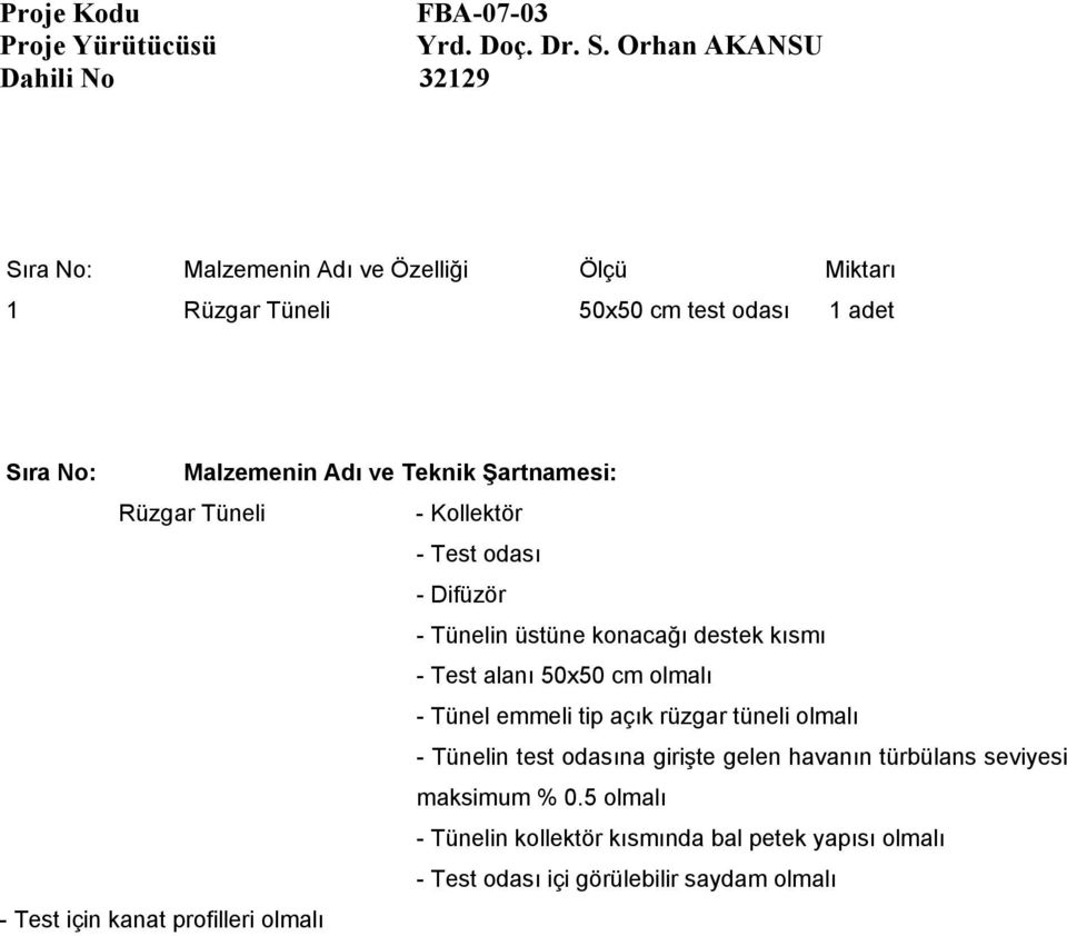 Teknik Şartnamesi: Rüzgar Tüneli - Kollektör - Test odası - Difüzör - Tünelin üstüne konacağı destek kısmı - Test alanı 50x50 cm olmalı - Tünel emmeli