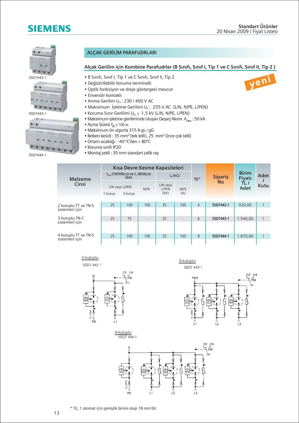 Gerilimi U p,5 kv (LN, NPE, LPEN) Maksimum işletme geriliminde oluşan Deşarj Akımı A rms : ka Açma Süresi t A 00 ns Maksimum ön sigorta 5 A gl gg Đletken kesidi : 5 mm 2 (tek telli), mm 2 (ince çok