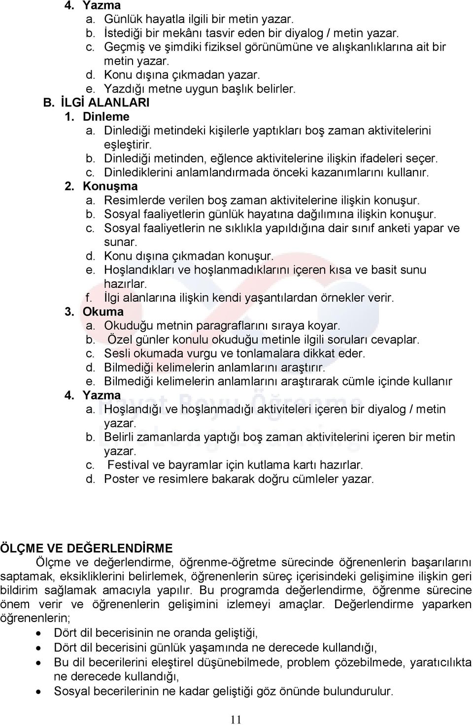 c. Dinlediklerini anlamlandırmada önceki kazanımlarını kullanır. a. Resimlerde verilen boş zaman aktivitelerine ilişkin konuşur. b. Sosyal faaliyetlerin günlük hayatına dağılımına ilişkin konuşur. c.