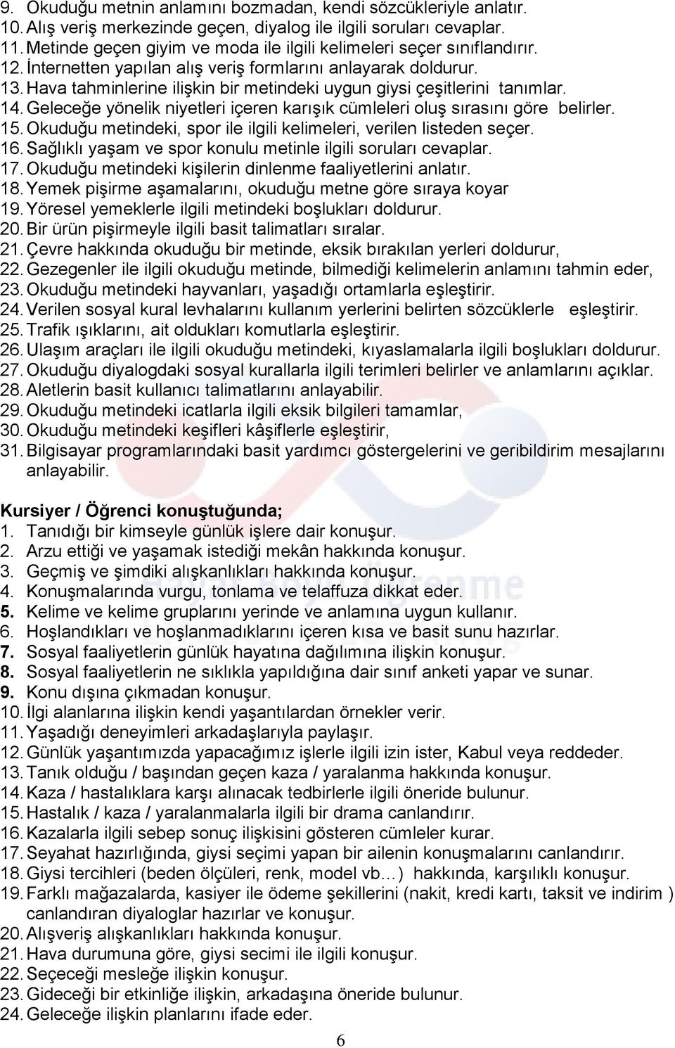 Hava tahminlerine ilişkin bir metindeki uygun giysi çeşitlerini tanımlar. 14. Geleceğe yönelik niyetleri içeren karışık cümleleri oluş sırasını göre belirler. 15.