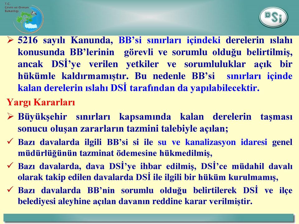 Yargı Kararları Büyükşehir sınırları kapsamında kalan derelerin taşması sonucu oluşan zararların tazmini talebiyle açılan; Bazı davalarda ilgili BB si si ile su ve kanalizasyon idaresi genel