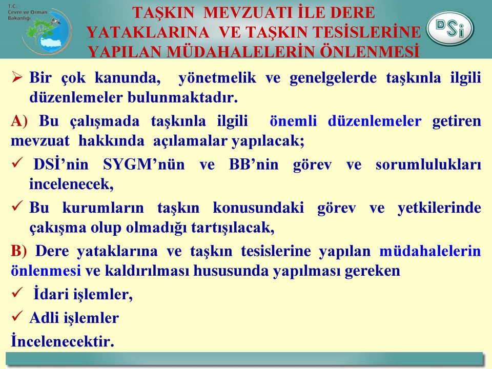 A) Bu çalışmada taşkınla ilgili önemli düzenlemeler getiren mevzuat hakkında açılamalar yapılacak; DSİ nin SYGM nün ve BB nin görev ve