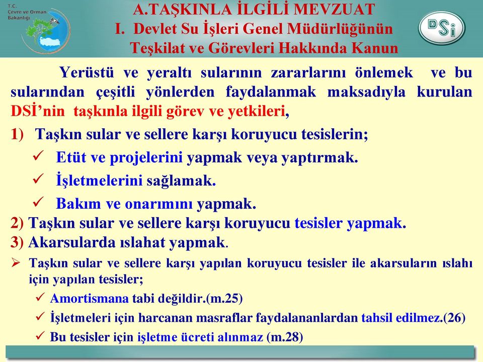 DSİ nin taşkınla ilgili görev ve yetkileri, 1) Taşkın sular ve sellere karşı koruyucu tesislerin; Etüt ve projelerini yapmak veya yaptırmak. İşletmelerini sağlamak.