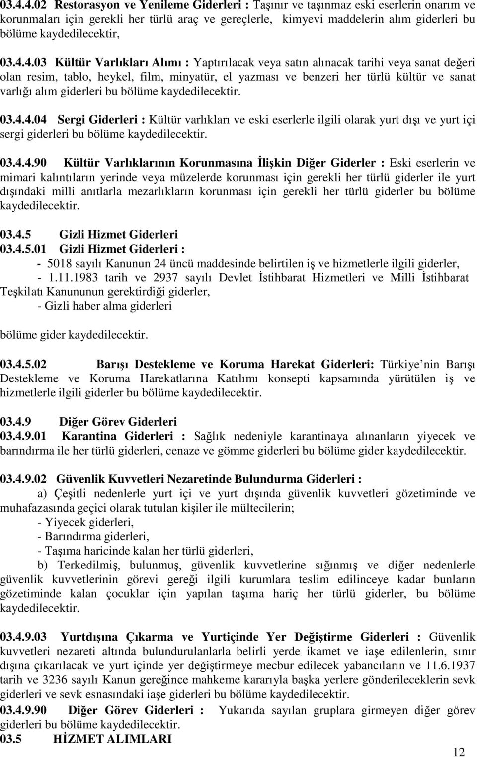 4.03 Kültür Varlıkları Alımı : Yaptırılacak veya satın alınacak tarihi veya sanat değeri olan resim, tablo, heykel, film, minyatür, el yazması ve benzeri her türlü kültür ve sanat varlığı alım