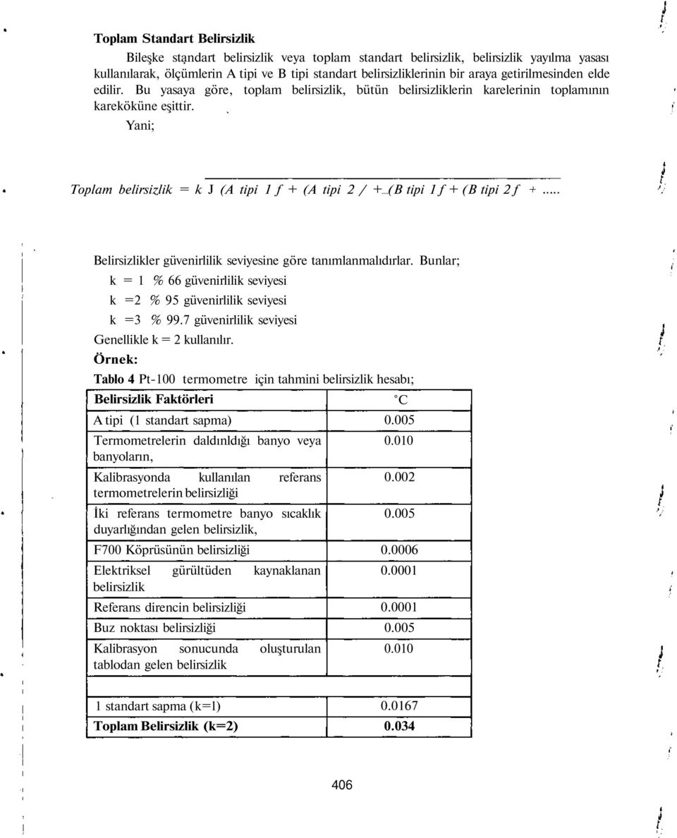 Yani; Toplam belirsizlik = k J (A tipi 1 f + (A tipi 2 / + (B tipi 1 f + (B tipi 2 f Belirsizlikler güvenirlilik seviyesine göre tanımlanmalıdırlar.