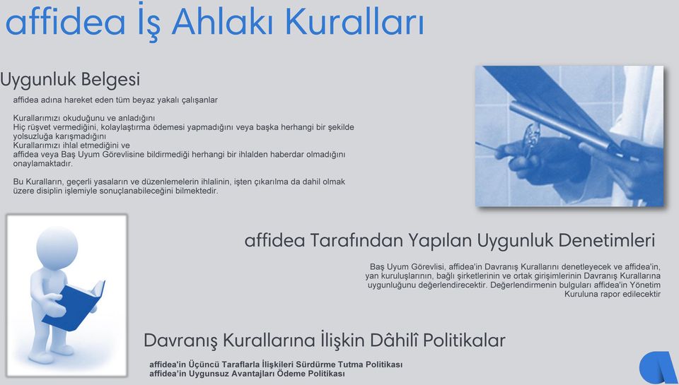 Bu Kuralların, geçerli yasaların ve düzenlemelerin ihlalinin, işten çıkarılma da dahil olmak üzere disiplin işlemiyle sonuçlanabileceğini bilmektedir.