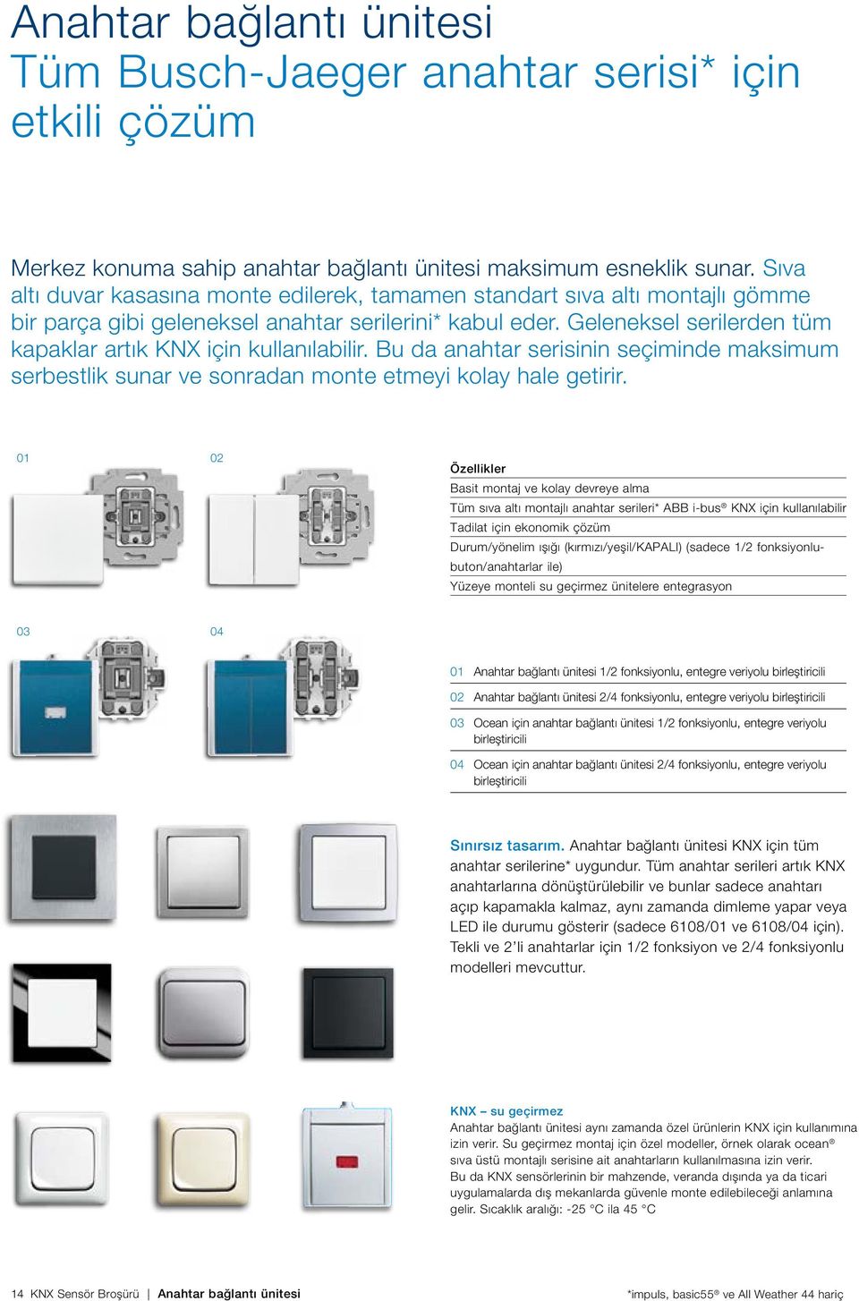 Geleneksel serilerden tüm kapaklar artık KNX için kullanılabilir. Bu da anahtar serisinin seçiminde maksimum serbestlik sunar ve sonradan monte etmeyi kolay hale getirir.